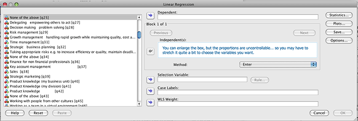 stretched SPSS 16 regression box
